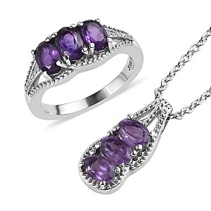 Amethyst 2.75 ctw 3 Stone Ring Size 6 and Pendant Necklace 20 Inches in Stainless Steel