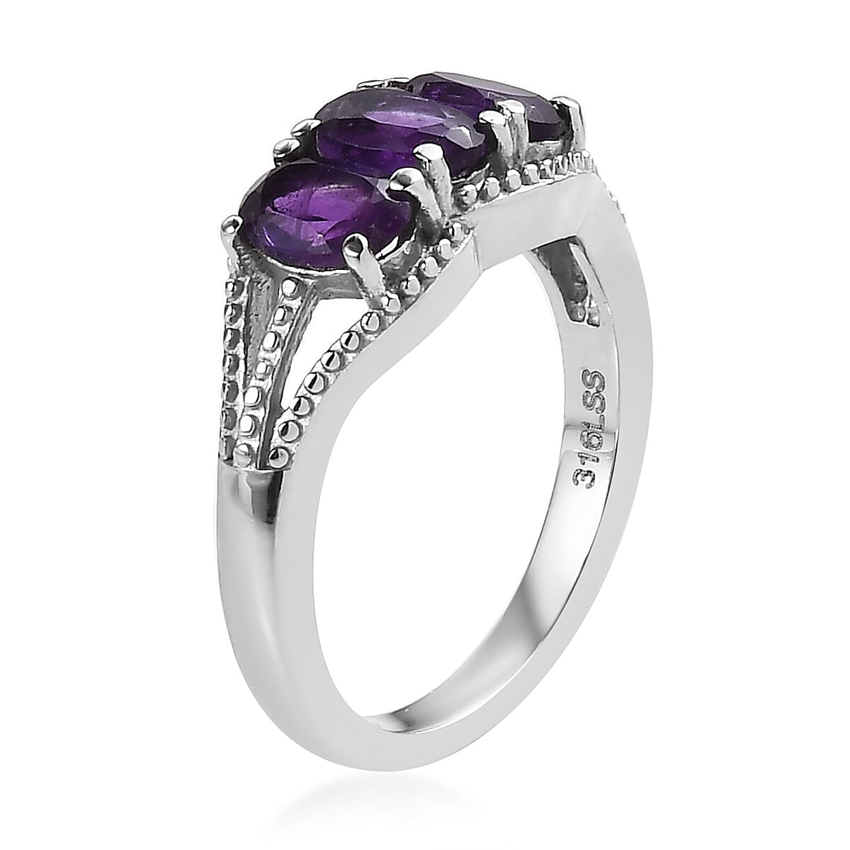 Amethyst 2.75 ctw 3 Stone Ring Size 6 and Pendant Necklace 20 Inches in Stainless Steel image number 5