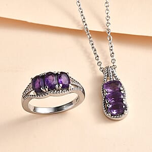 Amethyst 2.75 ctw 3 Stone Ring Size 8 and Pendant Necklace 20 Inches in Stainless Steel