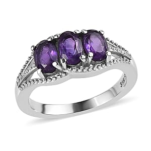 Amethyst 2.75 ctw 3 Stone Ring Size 8 and Pendant Necklace 20 Inches in Stainless Steel