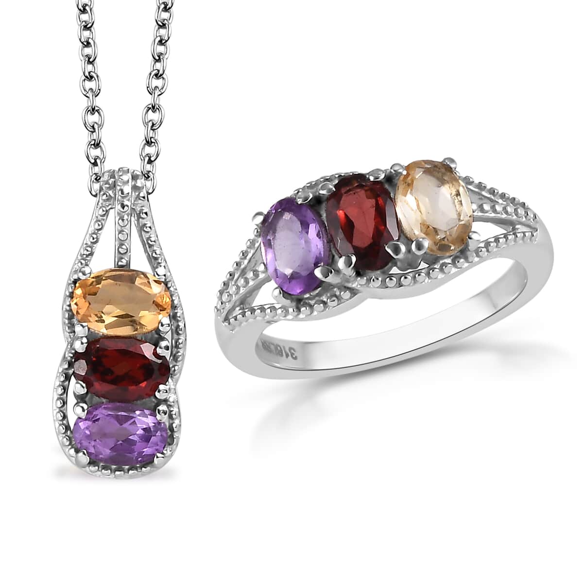 Multi Gemstone 3 Stone Ring (Size 8) and Pendant Necklace 20 Inches in Stainless Steel 2.85 ctw image number 0