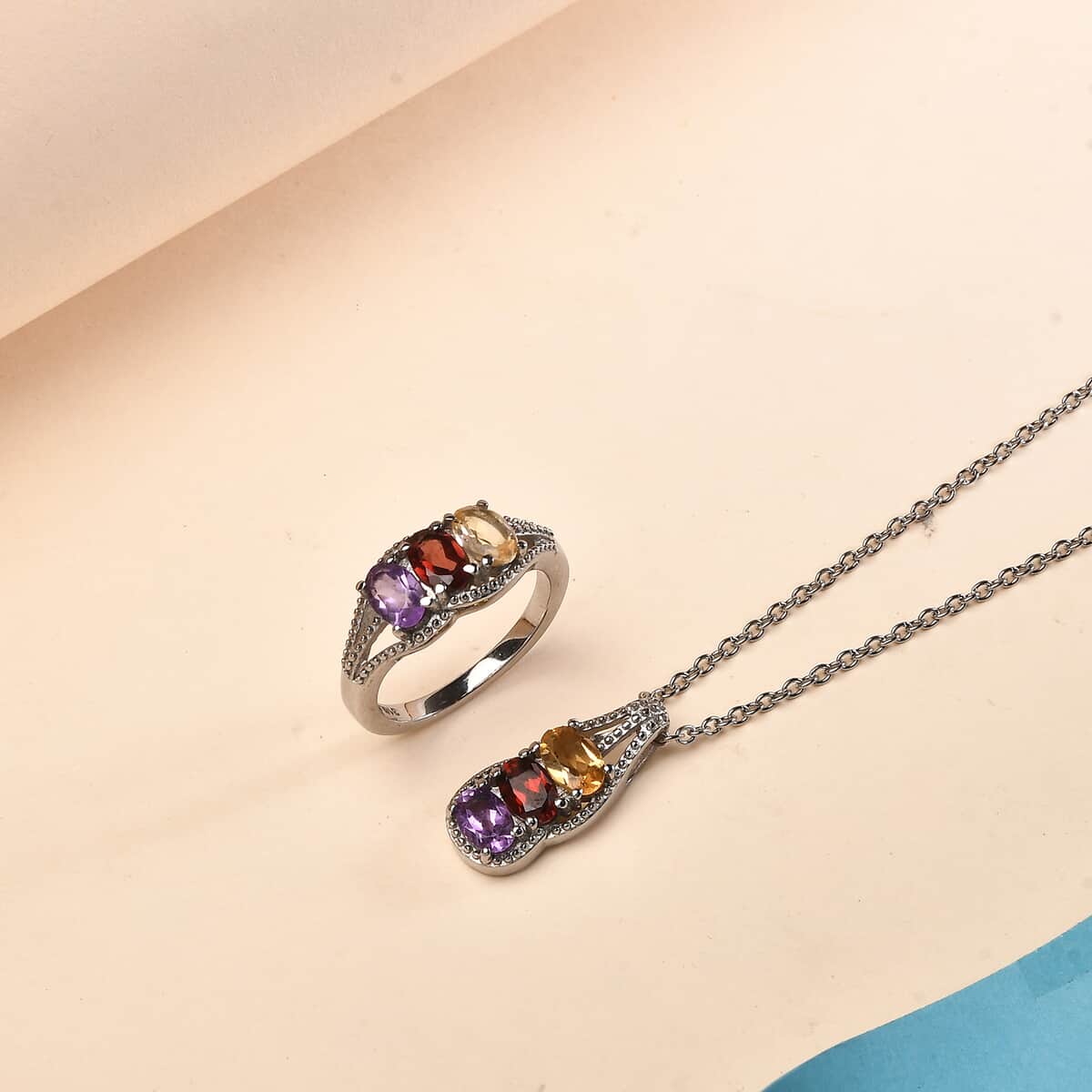 Multi Gemstone 3 Stone Ring (Size 8) and Pendant Necklace 20 Inches in Stainless Steel 2.85 ctw image number 1