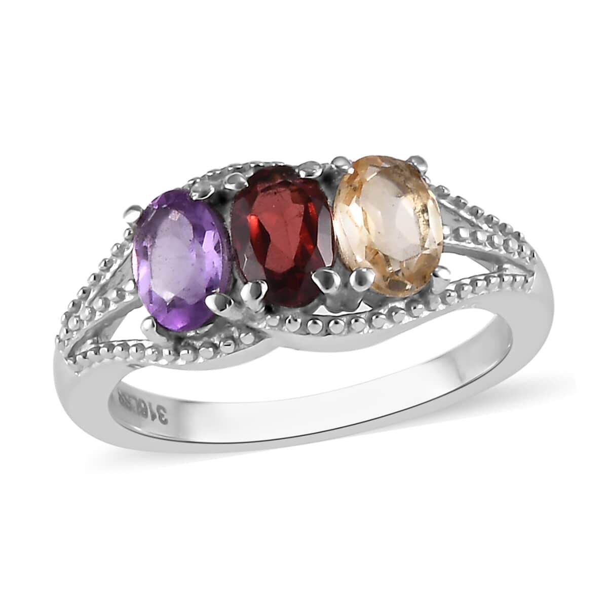 Multi Gemstone 3 Stone Ring (Size 8) and Pendant Necklace 20 Inches in Stainless Steel 2.85 ctw image number 3