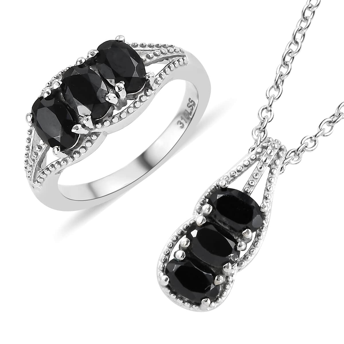 Thai Black Spinel 3 Stone Ring Size 7 and Pendant Necklace 20 Inches in Stainless Steel 3.40 ctw image number 0