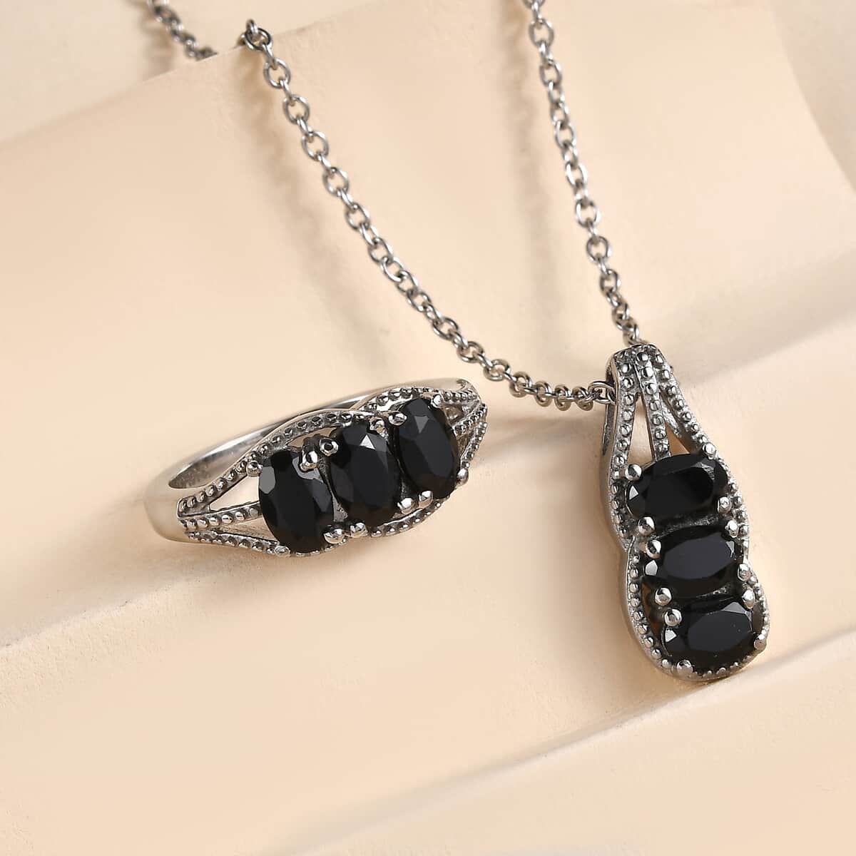 Thai Black Spinel 3 Stone Ring Size 7 and Pendant Necklace 20 Inches in Stainless Steel 3.40 ctw image number 1