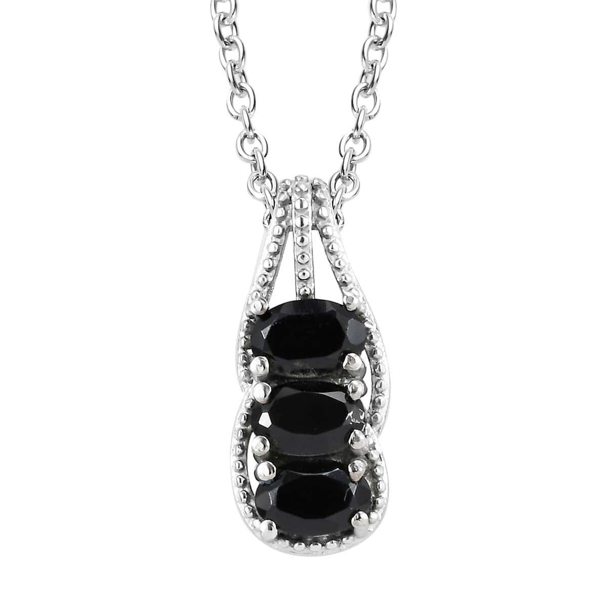 Thai Black Spinel 3 Stone Ring Size 7 and Pendant Necklace 20 Inches in Stainless Steel 3.40 ctw image number 6