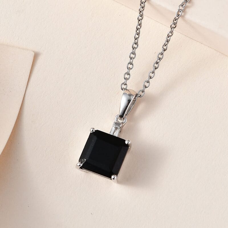 Black Tourmaline and White Topaz Pendant Necklace 20 Inches in Platinum Over Sterling Silver 4.75 ctw