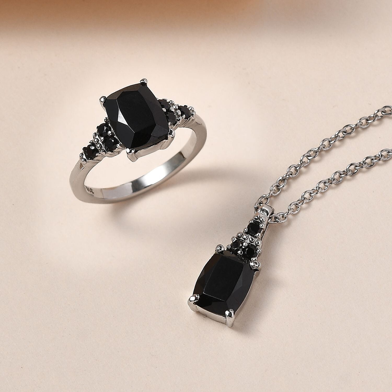 Thai Black Spinel, Simulated Black Diamond Ring (Size 5.0) and Pendant Necklace 20 Inches in Stainless Steel 6.00 ctw