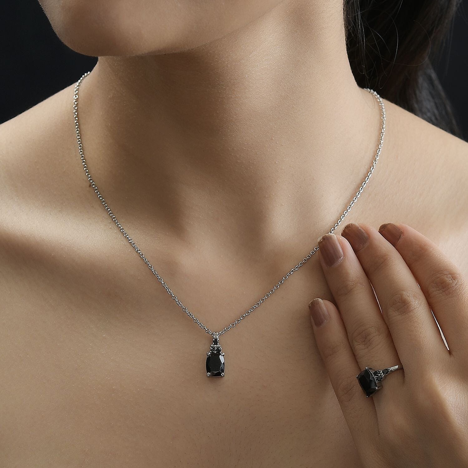 Thai Black Spinel, Simulated Black Diamond Ring (Size 5.0) and Pendant Necklace 20 Inches in Stainless Steel 6.00 ctw
