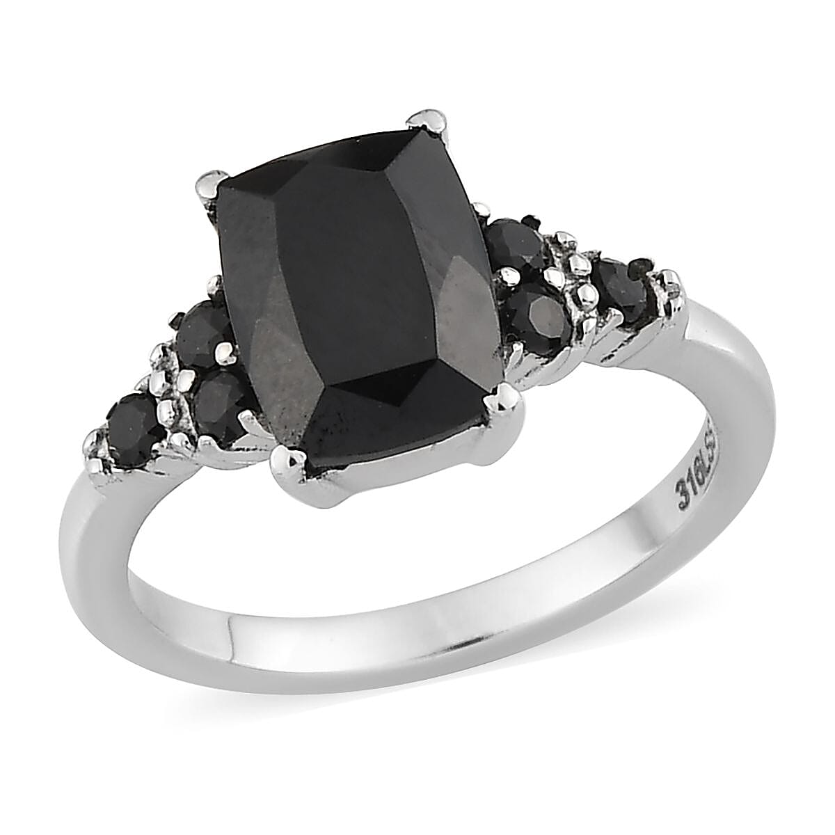 Thai Black Spinel, Simulated Black Diamond Ring (Size 5.0) and Pendant Necklace 20 Inches in Stainless Steel 6.00 ctw