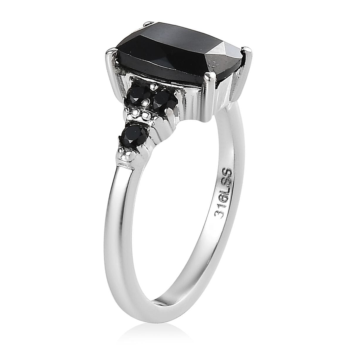 Thai Black Spinel, Simulated Black Diamond Ring (Size 5.0) and Pendant Necklace 20 Inches in Stainless Steel 6.00 ctw