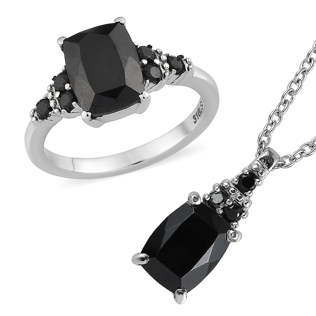 Thai Black Spinel, Simulated Black Diamond Ring (Size 8.0) and Pendant Necklace 20 Inches in Stainless Steel 6.00 ctw image number 0