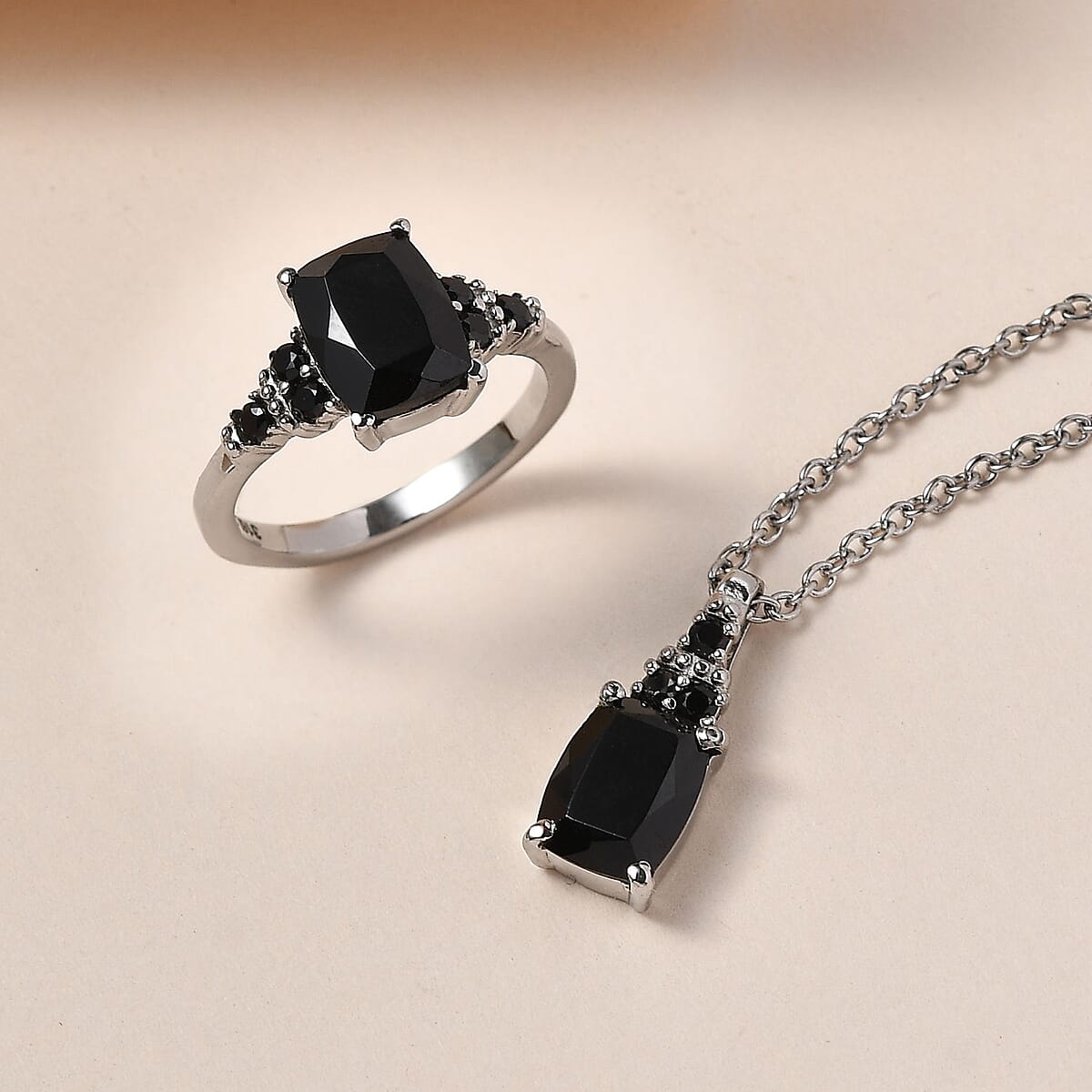 Thai Black Spinel, Simulated Black Diamond Ring (Size 8.0) and Pendant Necklace 20 Inches in Stainless Steel 6.00 ctw image number 1