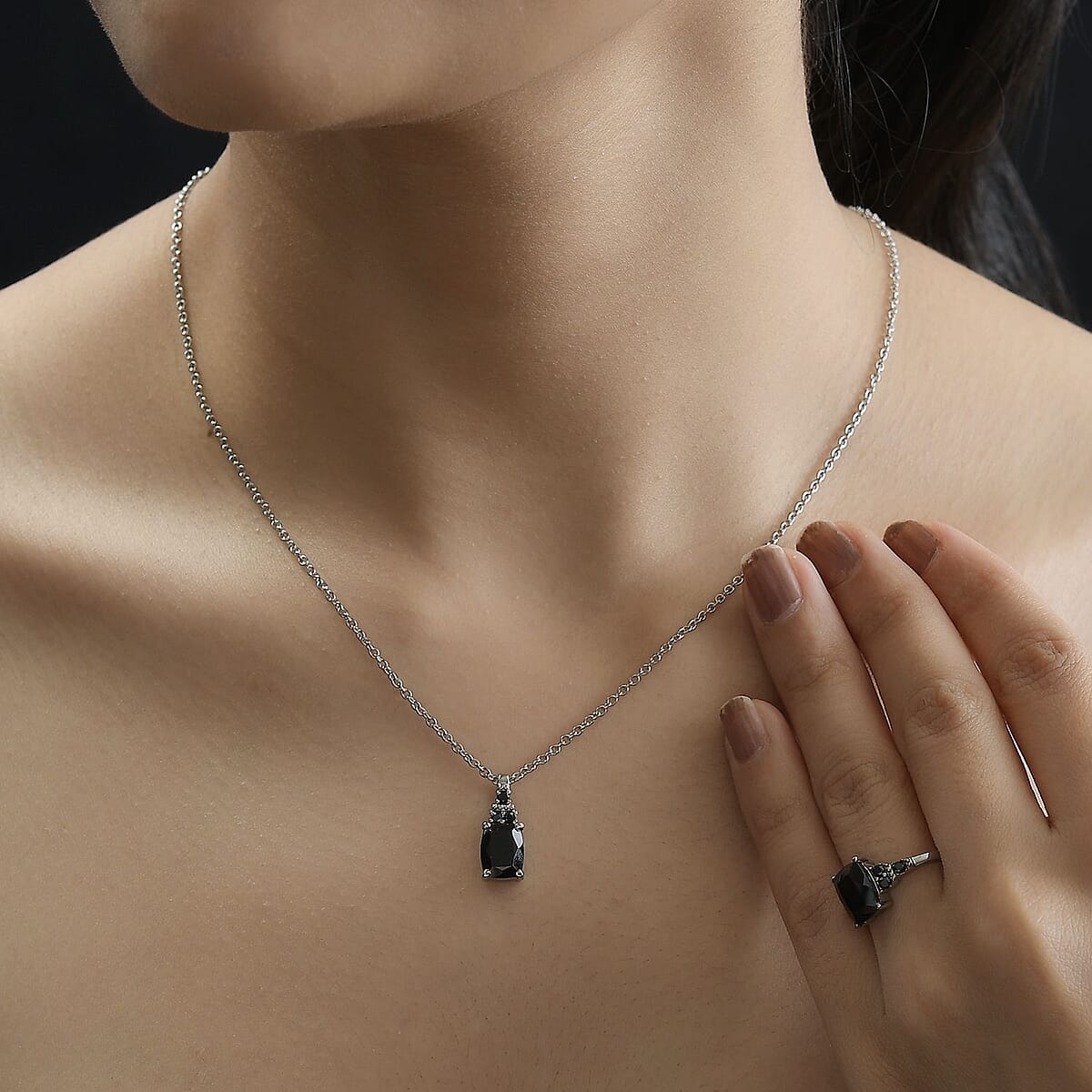Thai Black Spinel, Simulated Black Diamond Ring (Size 8.0) and Pendant Necklace 20 Inches in Stainless Steel 6.00 ctw image number 2