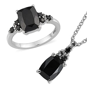 Thai Black Spinel, Simulated Black Diamond Ring (Size 9.0) and Pendant Necklace 20 Inches in Stainless Steel 6.00 ctw