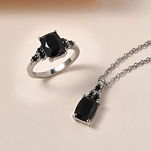 Thai Black Spinel, Simulated Black Diamond Ring (Size 9.0) and Pendant Necklace 20 Inches in Stainless Steel 6.00 ctw