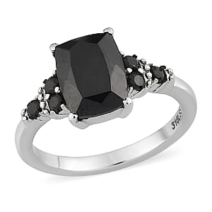 Thai Black Spinel, Simulated Black Diamond Ring (Size 9.0) and Pendant Necklace 20 Inches in Stainless Steel 6.00 ctw