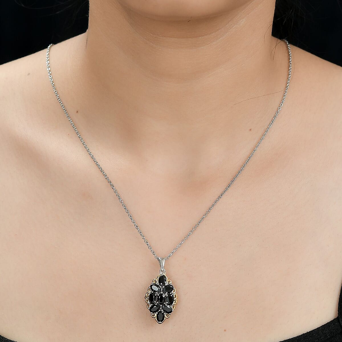 Karis Thai Black Spinel Pendant in 18K YG Plated and Platinum Bond with Stainless Steel Necklace 20 Inches 3.75 ctw image number 2
