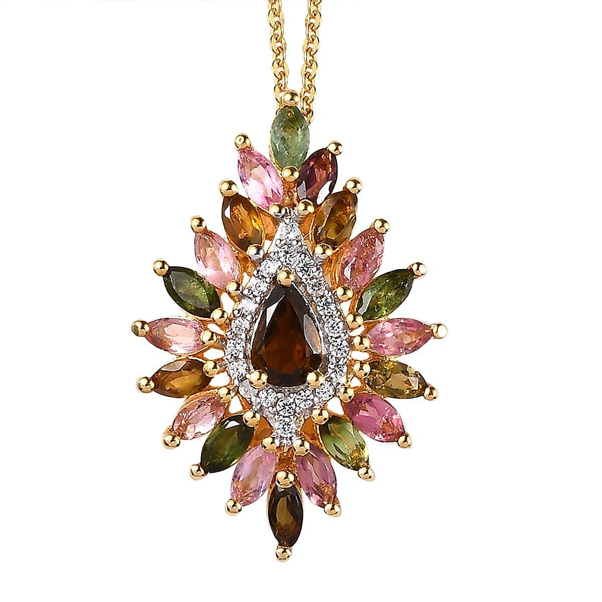 Multi-Tourmaline and White Zircon Floral Spray Pendant Necklace 20 Inches in Vermeil Yellow Gold Over Sterling Silver 2.20 ctw