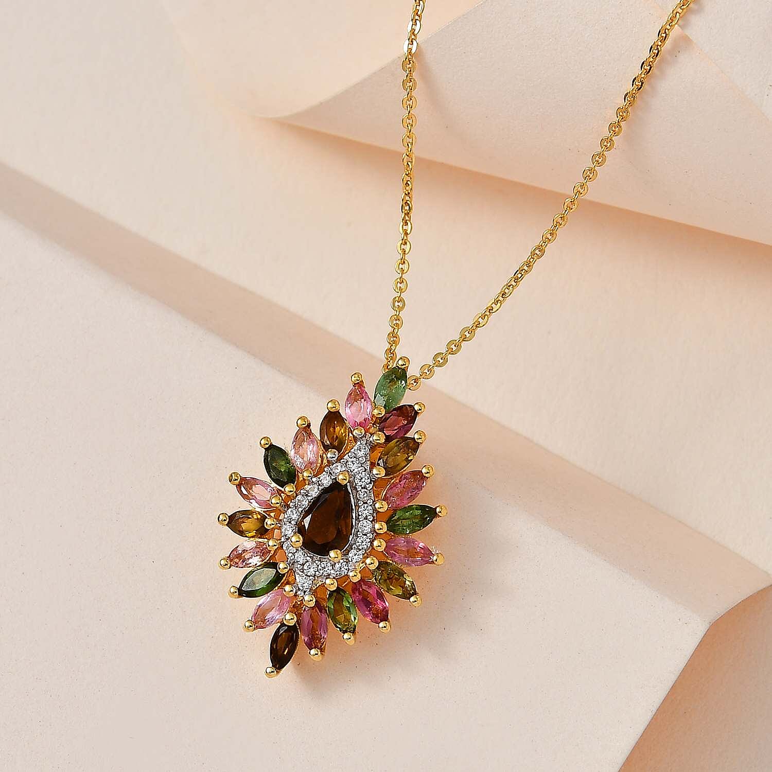 Multi-Tourmaline and White Zircon Floral Spray Pendant Necklace 20 Inches in Vermeil Yellow Gold Over Sterling Silver 2.20 ctw