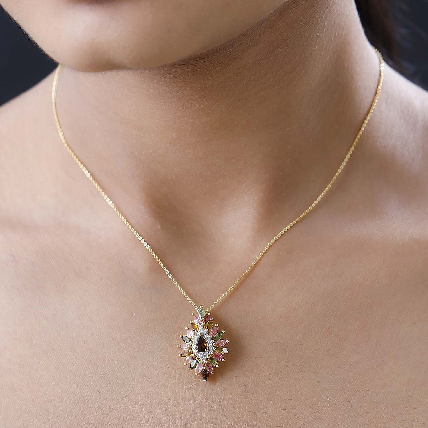 Multi-Tourmaline and White Zircon Floral Spray Pendant Necklace 20 Inches in Vermeil Yellow Gold Over Sterling Silver 2.20 ctw