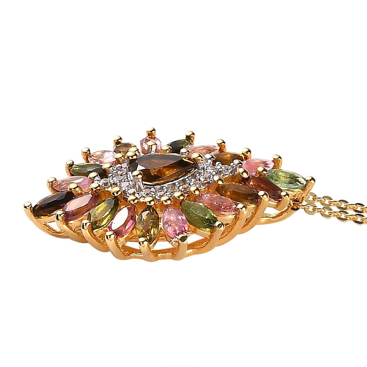 Multi-Tourmaline and White Zircon Floral Spray Pendant Necklace 20 Inches in Vermeil Yellow Gold Over Sterling Silver 2.20 ctw