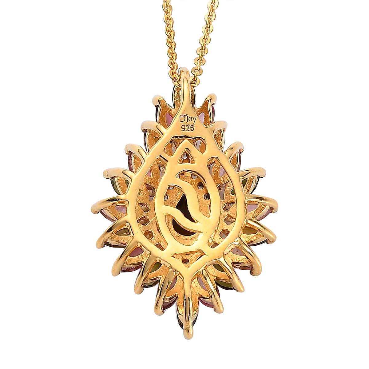 Multi-Tourmaline and White Zircon Floral Spray Pendant Necklace 20 Inches in Vermeil Yellow Gold Over Sterling Silver 2.20 ctw