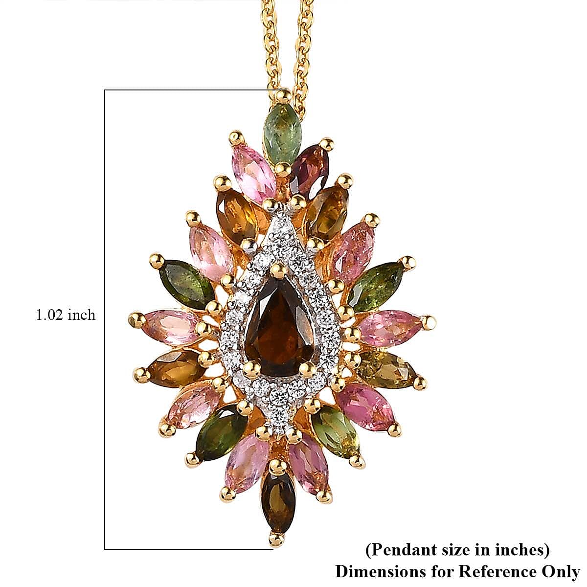 Multi-Tourmaline and White Zircon Floral Spray Pendant Necklace 20 Inches in Vermeil Yellow Gold Over Sterling Silver 2.20 ctw