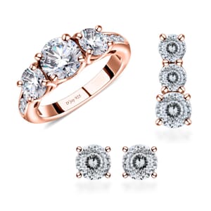 3 Piece Set - 120 Facet Moissanite 8.00 ctw Stud Earrings , Ring (Size 6) and Pendant without Chain in 14K Vermeil Rose Gold Over Sterling Silver