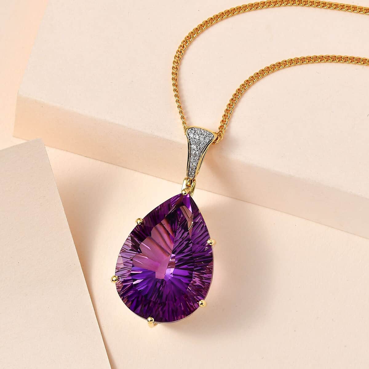 AAA African Amethyst and White Zircon Pendant Necklace 20 Inches in Vermeil Yellow Gold Over Sterling Silver 52.10 ctw image number 1