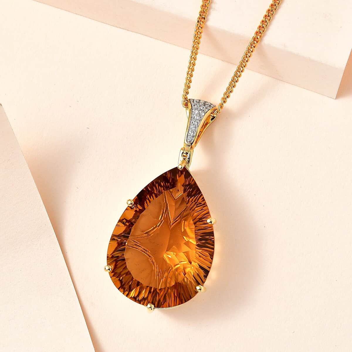 AAA Brazilian Citrine and White Zircon Pendant Necklace 20 Inches in Vermeil Yellow Gold Over Sterling Silver 51.90 ctw image number 1