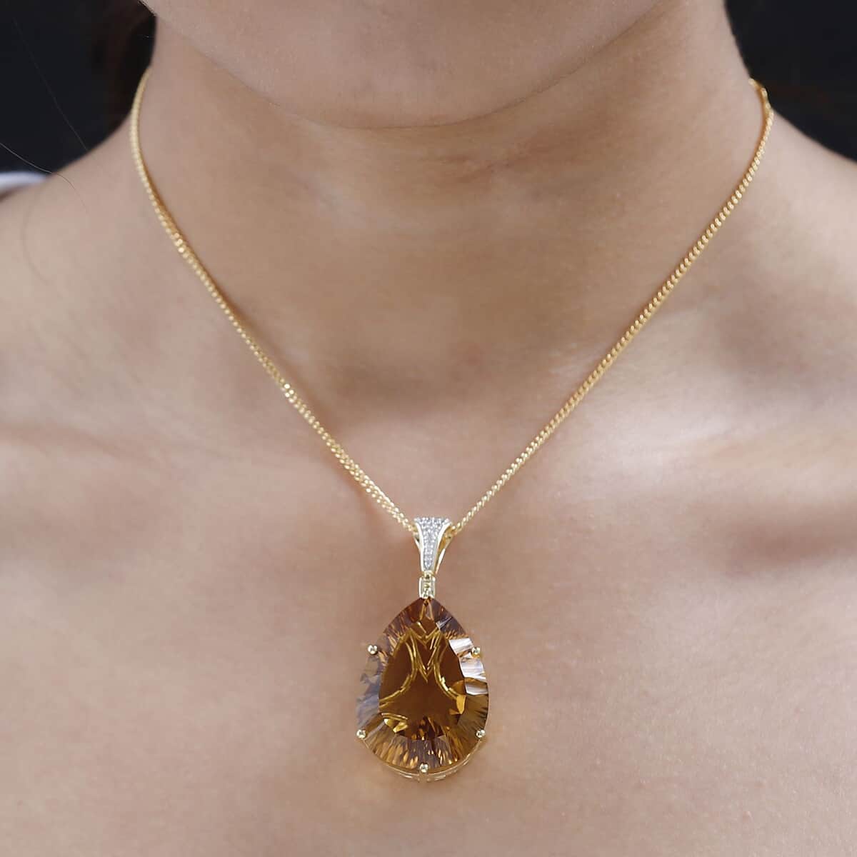 AAA Brazilian Citrine and White Zircon Pendant Necklace 20 Inches in Vermeil Yellow Gold Over Sterling Silver 51.90 ctw image number 2