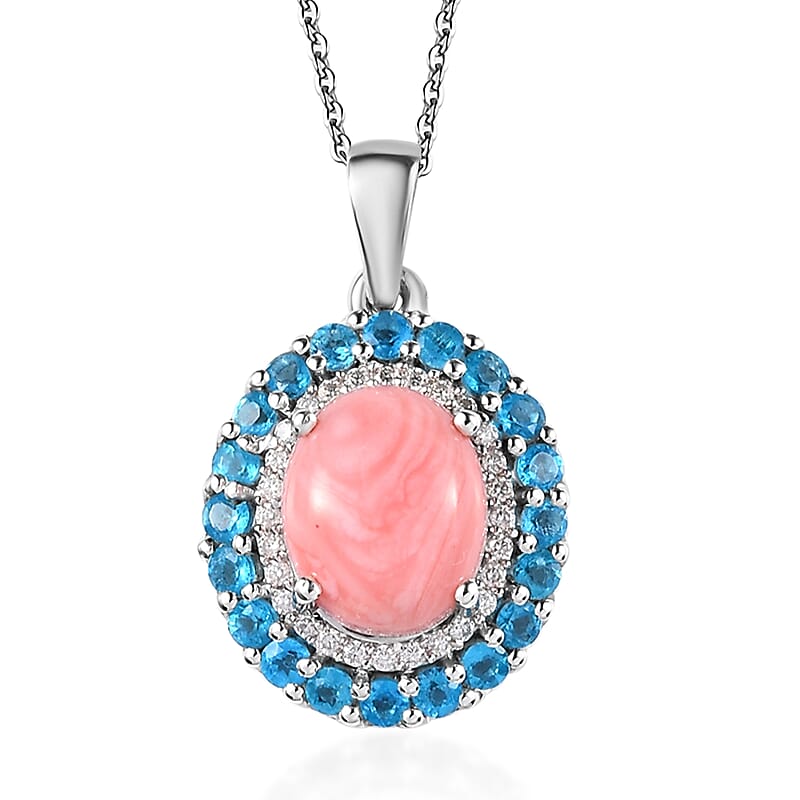 Premium Oregon Sunrise Peach Opal and Multi Gemstone Double Halo Pendant Necklace 20 Inches in Platinum Over Sterling Silver 2.85 ctw
