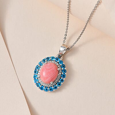 Premium Oregon Sunrise Peach Opal and Multi Gemstone Double Halo Pendant Necklace 20 Inches in Platinum Over Sterling Silver 2.85 ctw