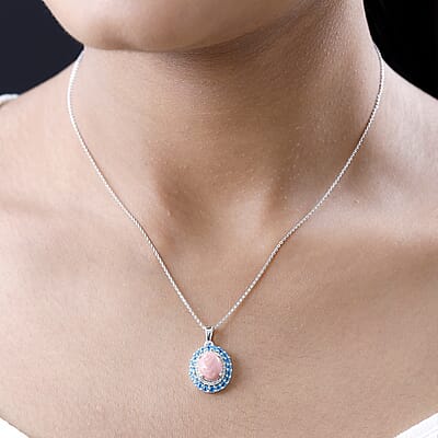 Premium Oregon Sunrise Peach Opal and Multi Gemstone Double Halo Pendant Necklace 20 Inches in Platinum Over Sterling Silver 2.85 ctw