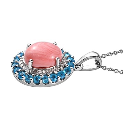 Premium Oregon Sunrise Peach Opal and Multi Gemstone Double Halo Pendant Necklace 20 Inches in Platinum Over Sterling Silver 2.85 ctw