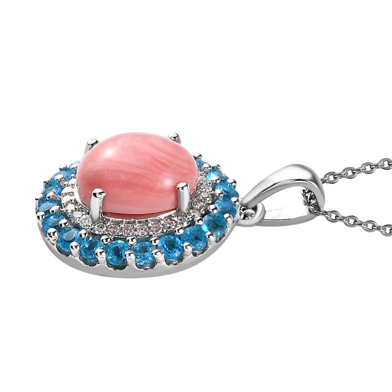 Premium Oregon Sunrise Peach Opal and Multi Gemstone Double Halo Pendant Necklace 20 Inches in Platinum Over Sterling Silver 2.85 ctw