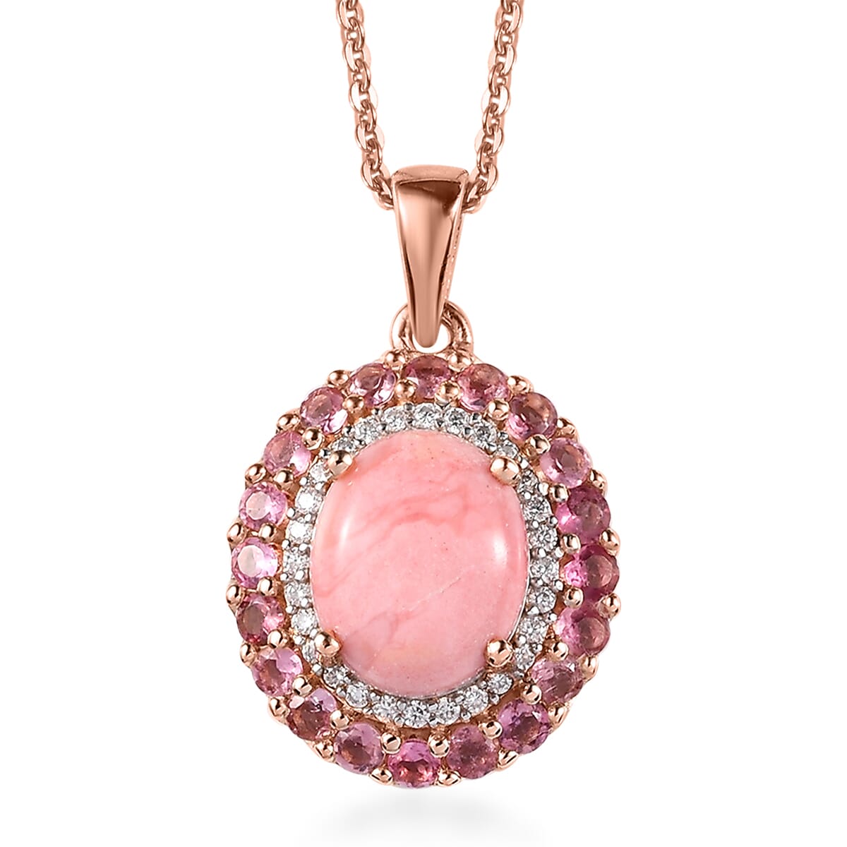 Premium Oregon Sunrise Peach Opal and Multi Gemstone Double Halo Pendant Necklace 20 Inches in Vermeil Rose Gold Over Sterling Silver 2.75 ctw image number 0
