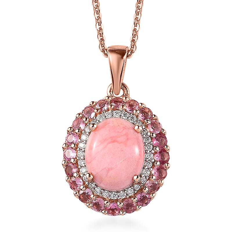 Premium Oregon Sunrise Peach Opal and Multi Gemstone Double Halo Pendant Necklace 20 Inches in Vermeil Rose Gold Over Sterling Silver 2.75 ctw