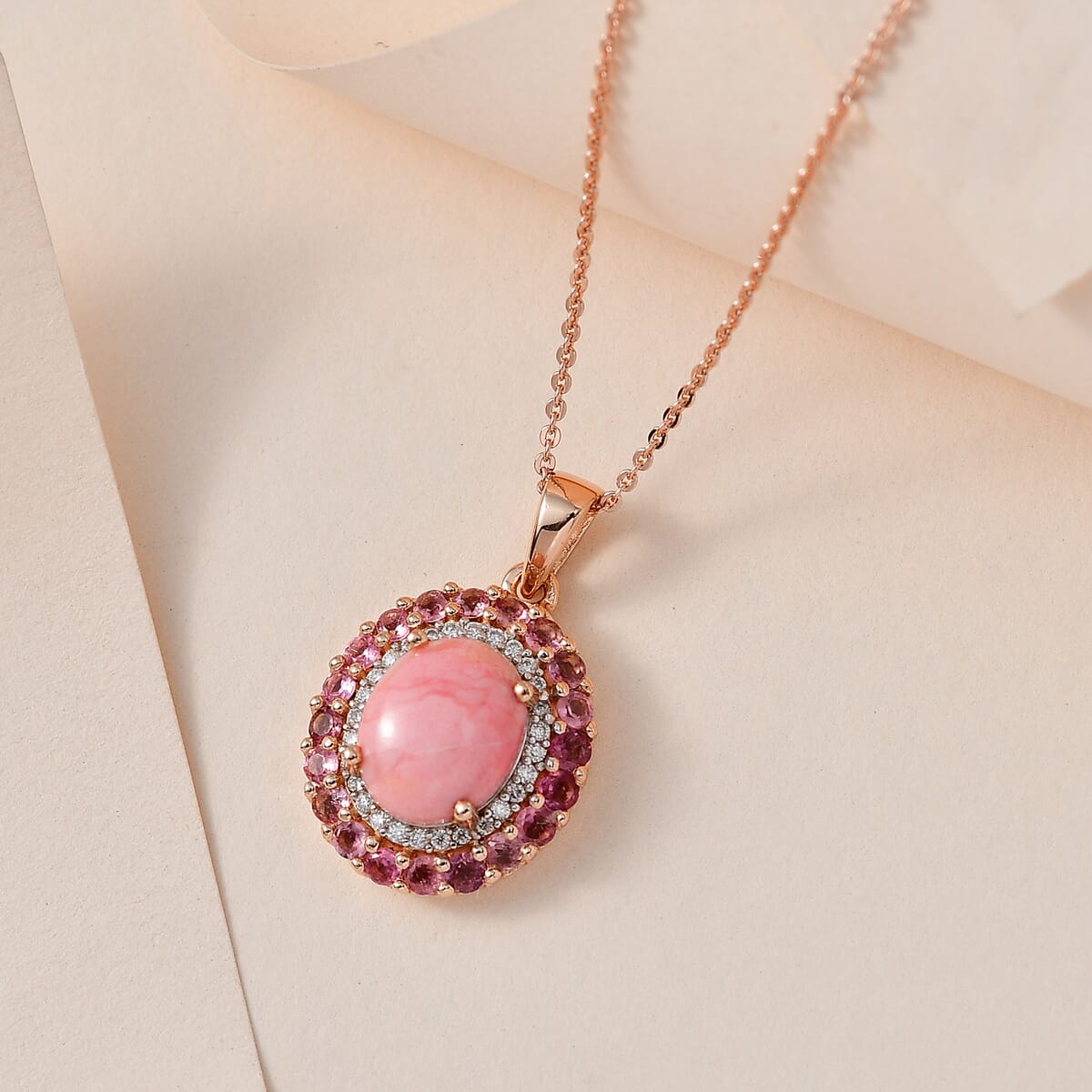 Premium Oregon Sunrise Peach Opal and Multi Gemstone Double Halo Pendant Necklace 20 Inches in Vermeil Rose Gold Over Sterling Silver 2.75 ctw image number 1