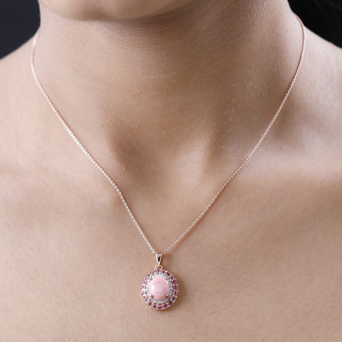Premium Oregon Sunrise Peach Opal and Multi Gemstone Double Halo Pendant Necklace 20 Inches in Vermeil Rose Gold Over Sterling Silver 2.75 ctw image number 2
