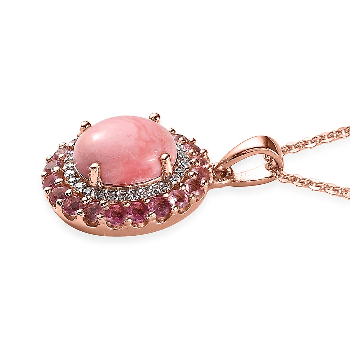 Premium Oregon Sunrise Peach Opal and Multi Gemstone Double Halo Pendant Necklace 20 Inches in Vermeil Rose Gold Over Sterling Silver 2.75 ctw