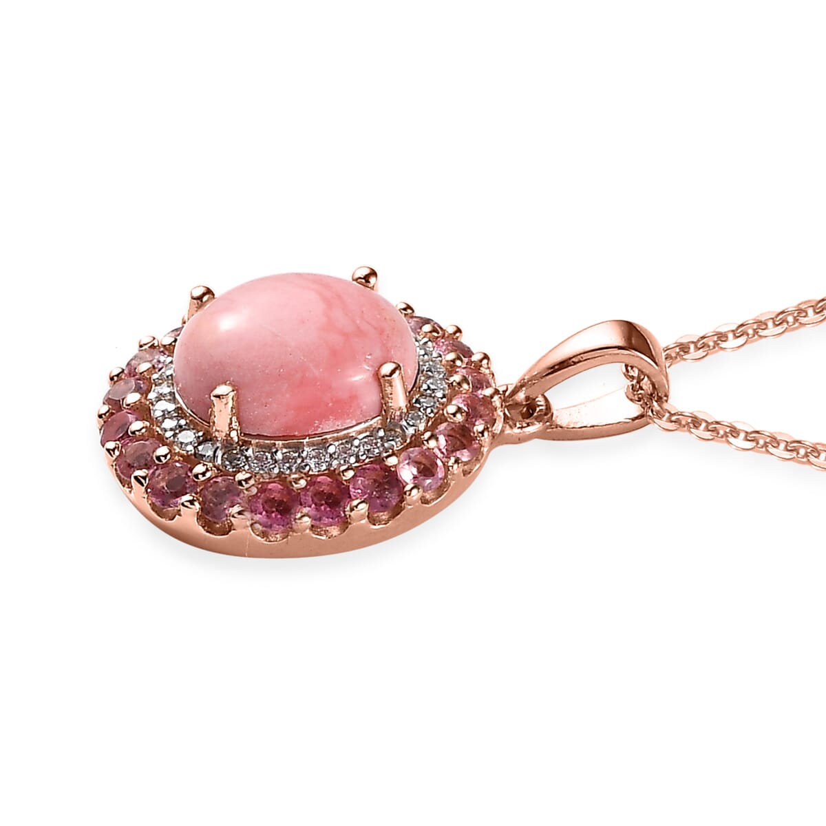 Premium Oregon Sunrise Peach Opal and Multi Gemstone Double Halo Pendant Necklace 20 Inches in Vermeil Rose Gold Over Sterling Silver 2.75 ctw image number 3