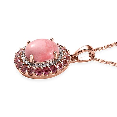 Premium Oregon Sunrise Peach Opal and Multi Gemstone Double Halo Pendant Necklace 20 Inches in Vermeil Rose Gold Over Sterling Silver 2.75 ctw