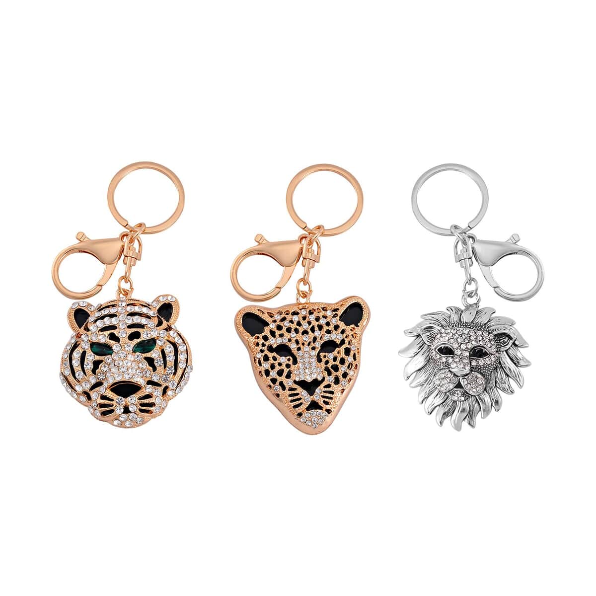Set of 3 Resin, Multi Color Austrian Crystal Leo, Tiger and Leopard Set of 3 Keychain in Dualtone, Cute Keychains, Key Holders, Key Rings, Cool Keychains image number 0