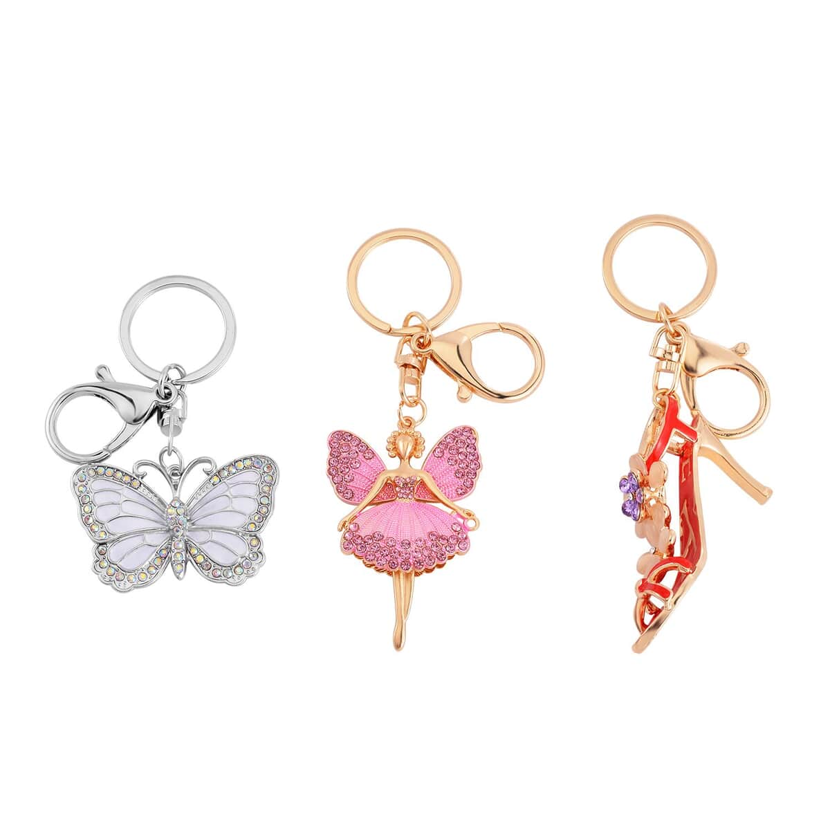 Set of 3 Lab Created Cat's Eye, Multi Color Austrian Crystal High Heel, Butterfly and Angel Keychain in Dualtone, Cute Keychains, Key Holders, Key Rings, Cool Keychains image number 0