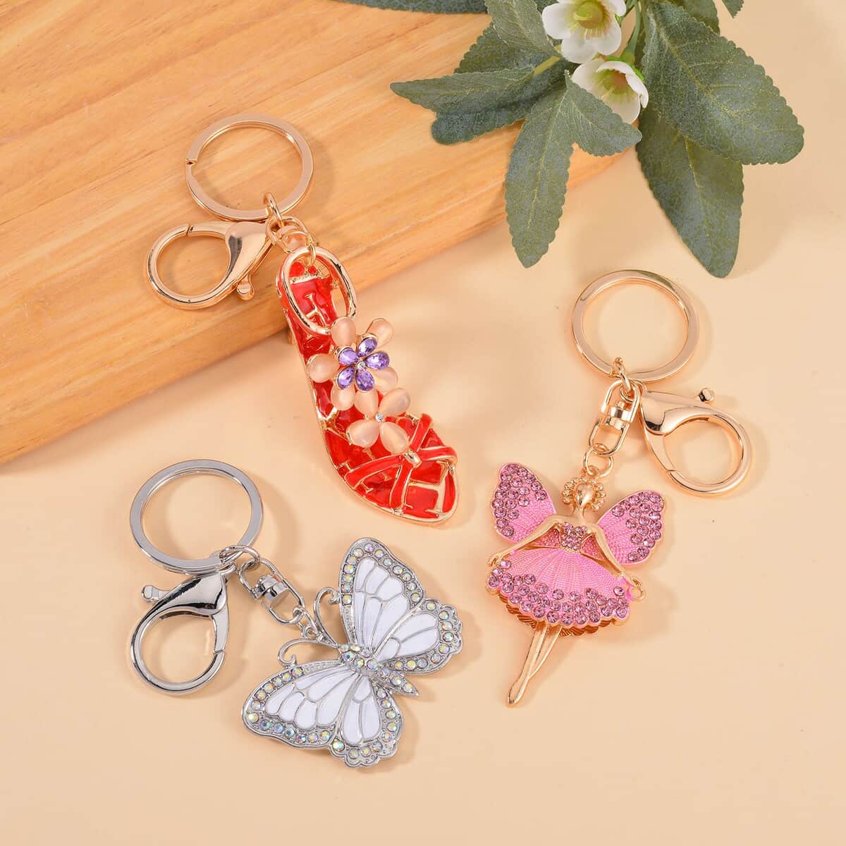 Set of 3 Lab Created Cat's Eye, Multi Color Austrian Crystal High Heel, Butterfly and Angel Keychain in Dualtone, Cute Keychains, Key Holders, Key Rings, Cool Keychains image number 1