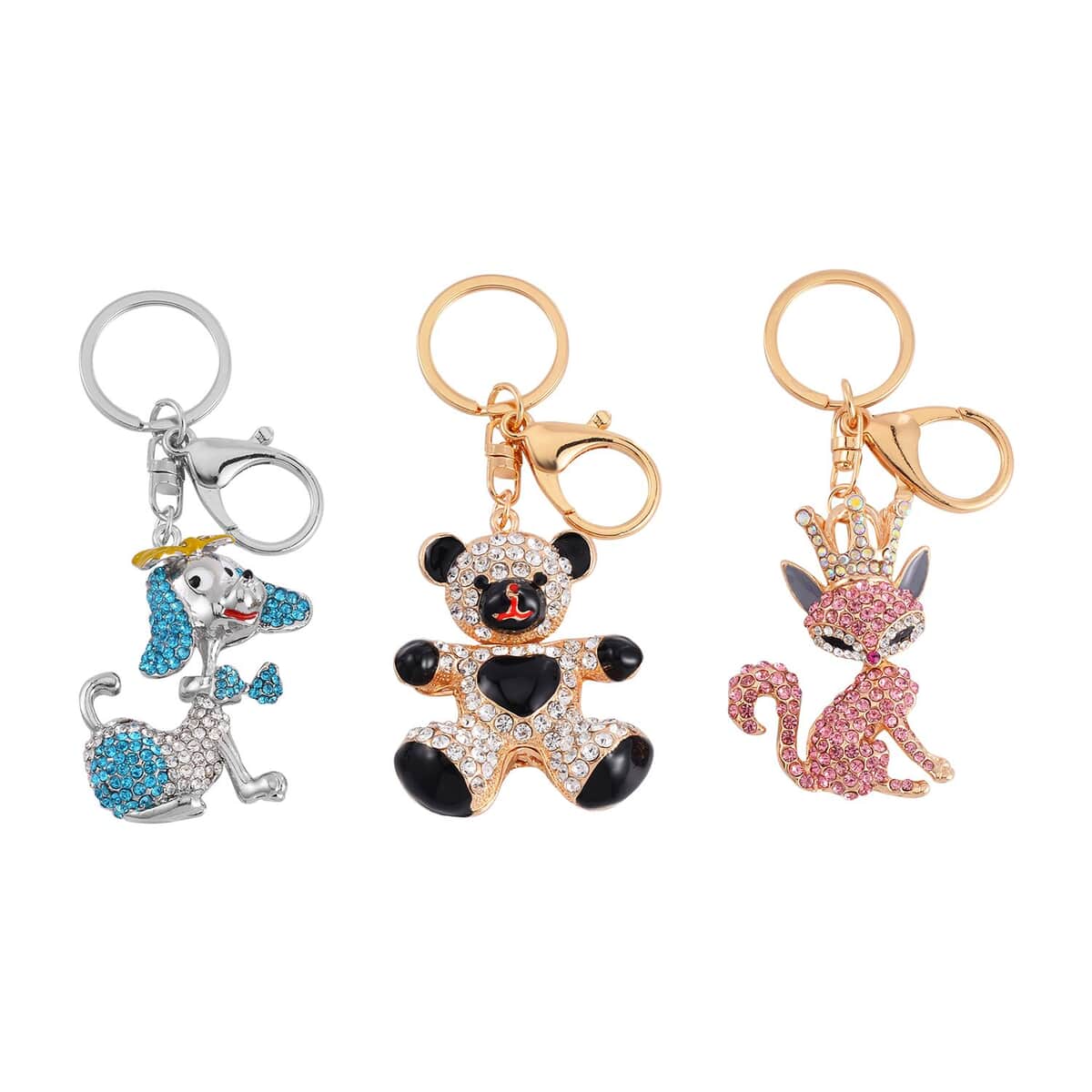 Set of 3 Multi Color Austrian Crystal Dog, Fox and Bear Set of 3 Keychain in Dualtone, Cute Keychains, Key Holders, Key Rings, Cool Keychains image number 0