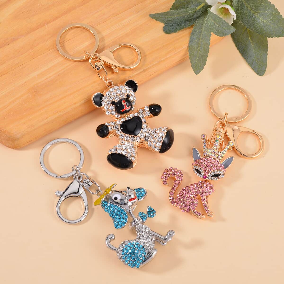 Set of 3 Multi Color Austrian Crystal Dog, Fox and Bear Set of 3 Keychain in Dualtone, Cute Keychains, Key Holders, Key Rings, Cool Keychains image number 1