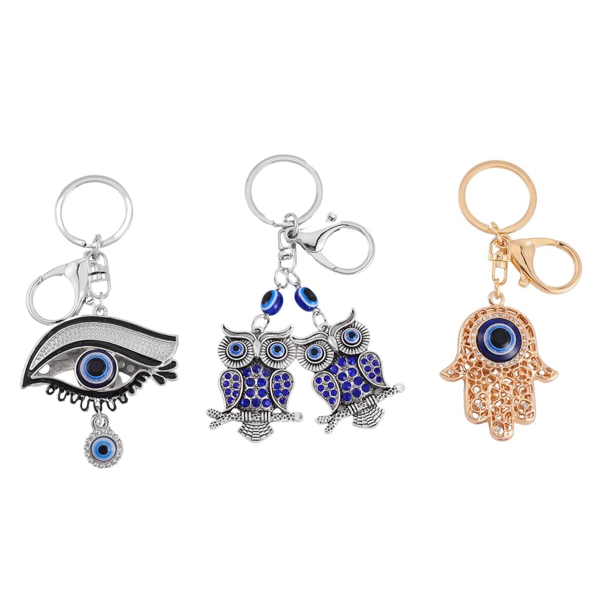 Set of 3 Murano Style, Resin, Blue and White Austrian Crystal Enameled Hamsa, Owl and Eye Keychain in Dualtone, Cute Keychains, Key Holders, Key Rings, Cool Keychains image number 0